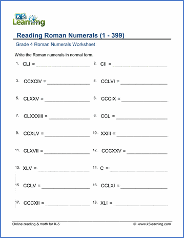 Sample Grade 4 Roman numerals worksheet