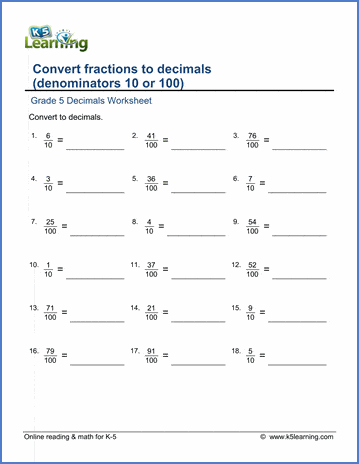 Grade 5 math worksheet - Fractions: convert fractions to decimals | K5