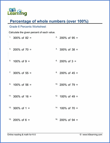 Grade 6 math worksheet - Percentage of whole numbers over 100% | K5