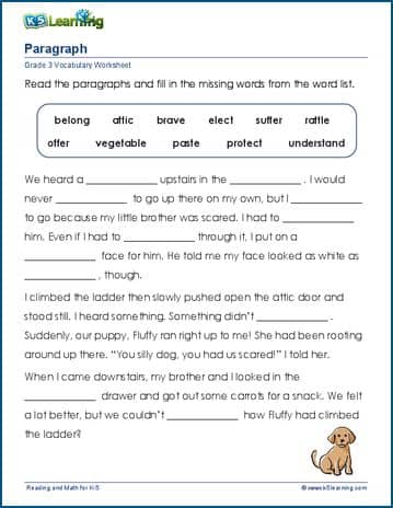 Grade 3 vocabulary worksheet insert words in paragraphs