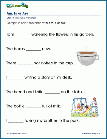 Grade 1 Vocabulary Worksheet on using am, is or are in sentences