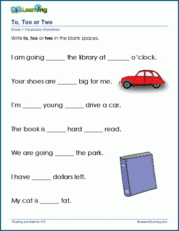 Grade 1 Vocabulary Worksheet on using to, too or two in sentences