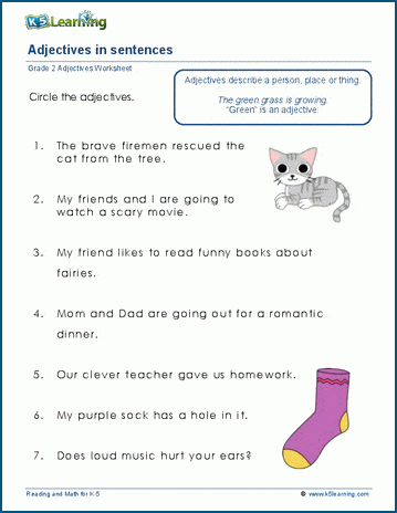 Grade 2 grammar worksheet on identifying adjectives in sentences