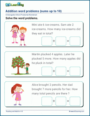 Kindergarten addition word problem worksheets