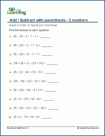 Grade 4 order of operations Worksheet add/subtract with parenthesis - 5 numbers