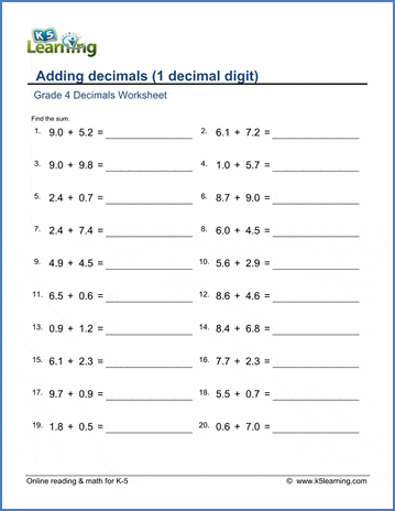 Grade 4 Decimals Worksheets Free Printable K5 Learning