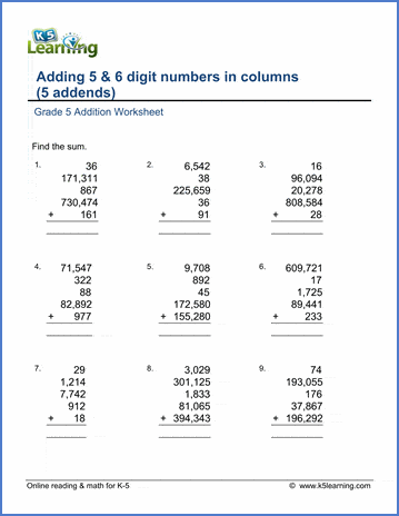 Grade 5 Addition Worksheet adding 5 and 6-digit numbers