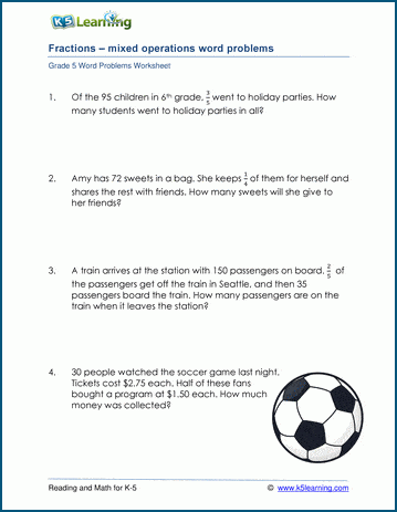 Grade 5 mixed fractions word problem worksheets