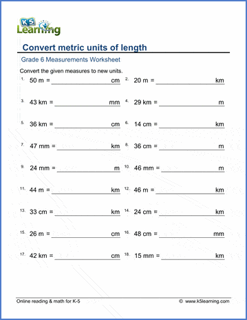 Grade 6 Measurement Worksheet convert between mm, cm, m and km - using decimals