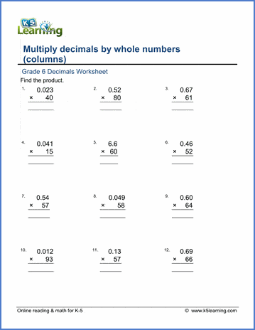 Grade 6 Multiplication of Decimals Worksheets - free ...