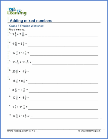 Grade 6 Addition And Subtraction Of Fractions Worksheets Free Printable K5 Learning