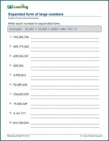 expanded form practice worksheets
 Grade 16 Place Value & Scientific Notation Worksheets - free ...