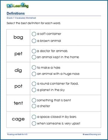 Grade 1 vocabulary worksheet choose the correct definition