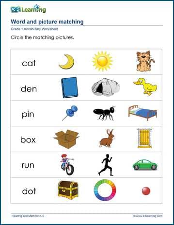Grade 1 vocabulary worksheet match pictures to words