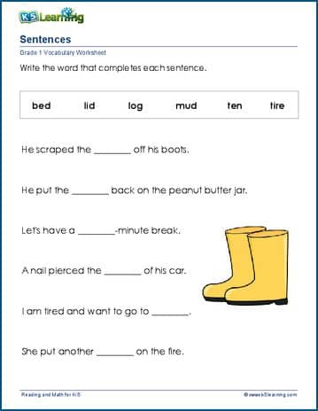 Grade 1 vocabulary worksheet complete the sentence