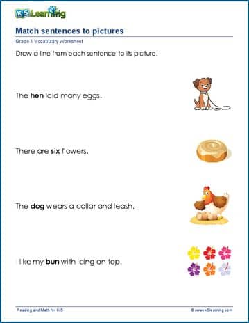 Grade 1 vocabulary worksheet match sentences to pictures