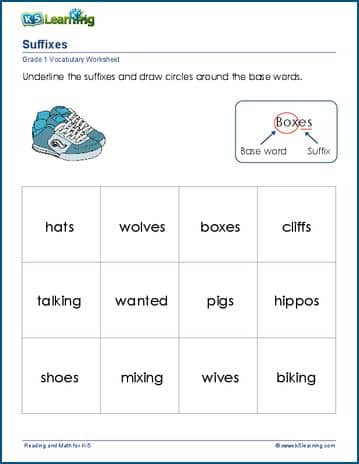 Grade 1 Vocabulary Worksheet - suffixes