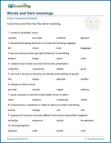 Grade 4 Vocabulary Worksheet words and their meanings